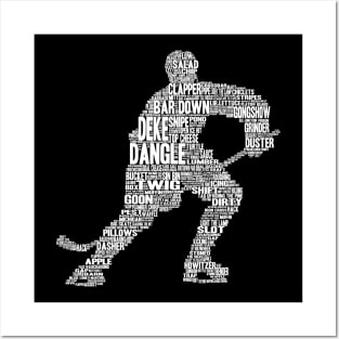 Hockey Player Word Slang Cloud Silhouette (White Font) Posters and Art